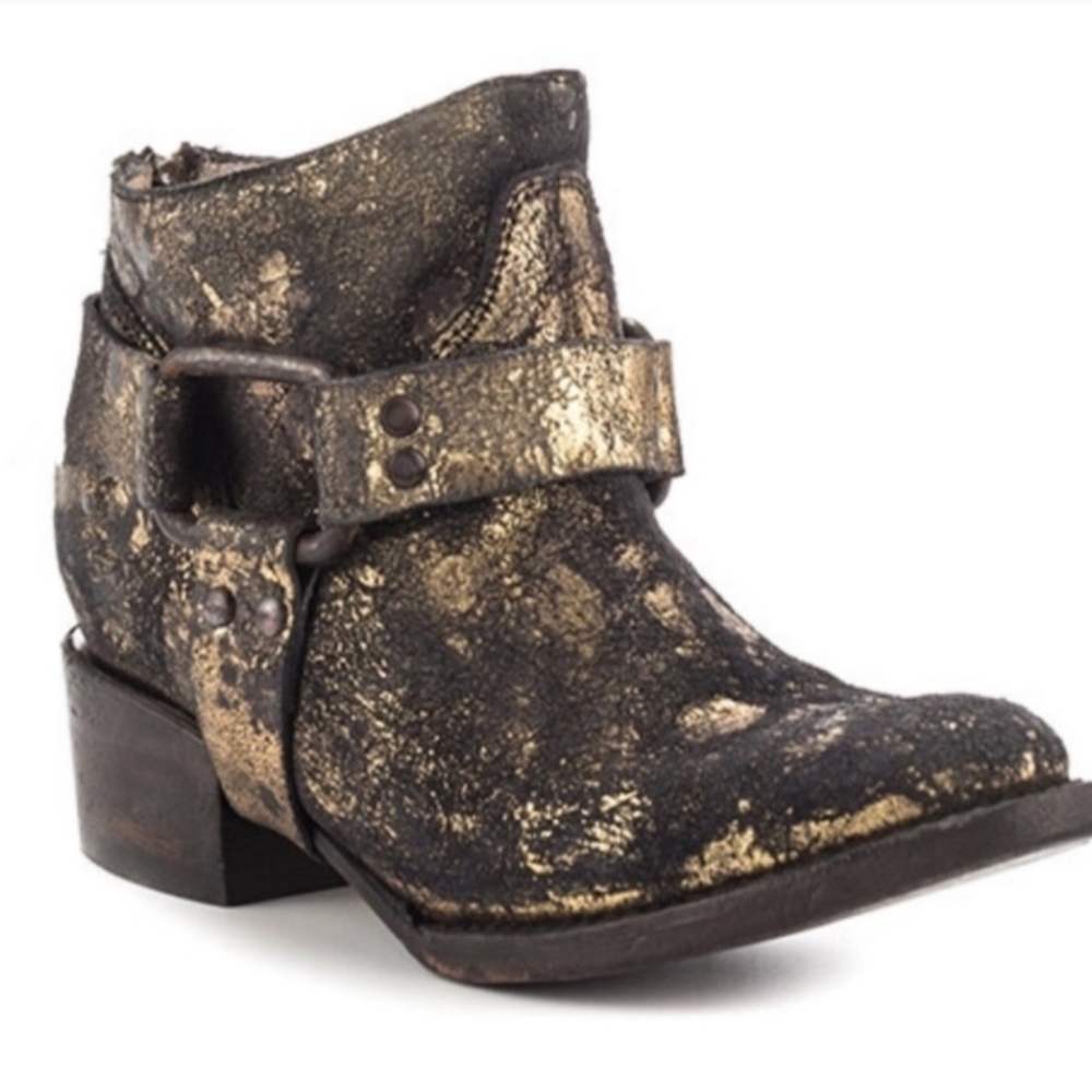 Freebird by Steven Distressed Buckle Phlow Gold Metallic Ankle Boots size 9
